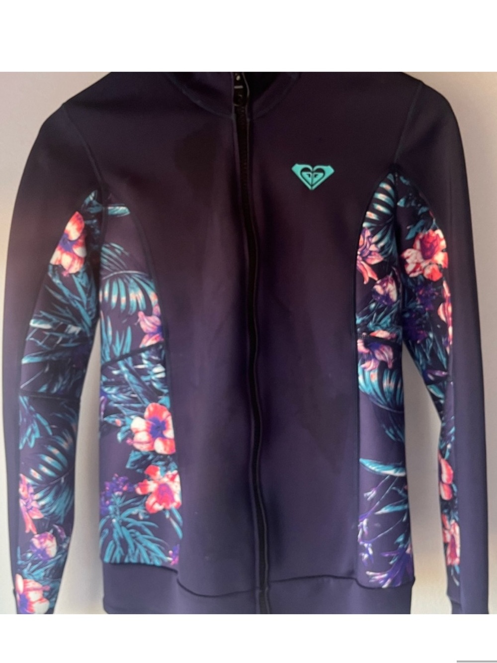 Roxy🩵🌺Wetsuit Jacket Syncro Navy Blue Zip Hoodie Floral Hibiscus Tropical Size 8 - Picture 3 of 8